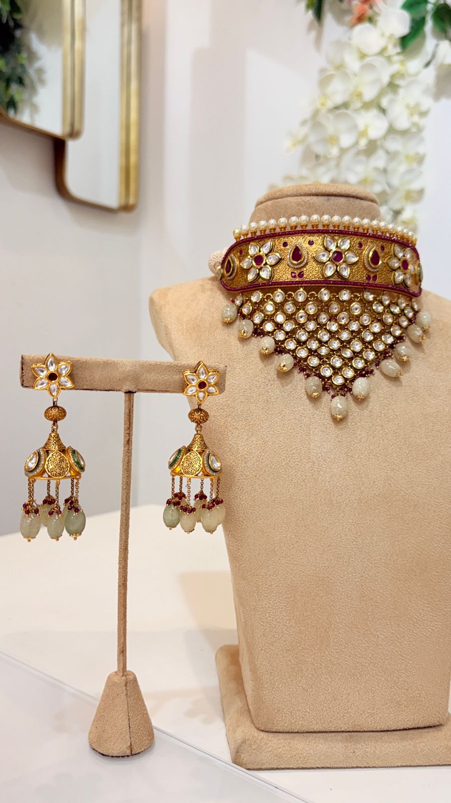 Gold Pearl Kundan Choker Set with Traditional Jhumka Earrings