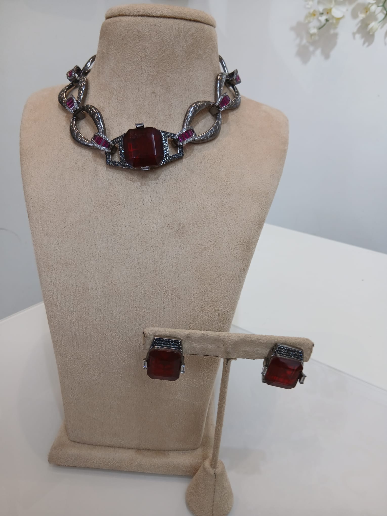 Bold Ruby Crystal Chain Necklace & Earrings Set