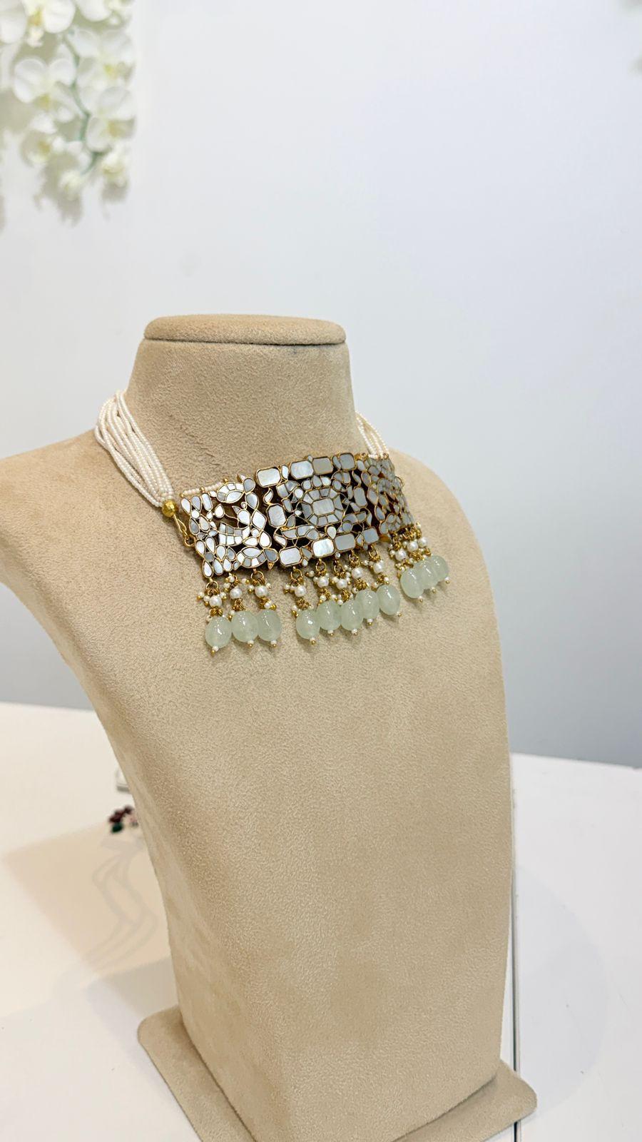 Gold Mirror Choker Necklace Set with Mint Bead Drop Earrings