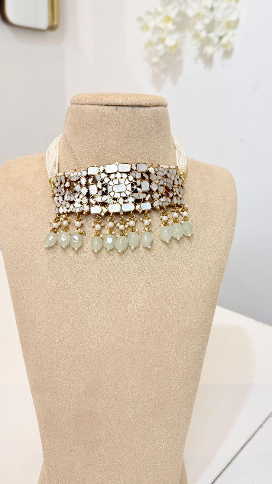 Gold Mirror Choker Necklace Set with Mint Bead Drop Earrings