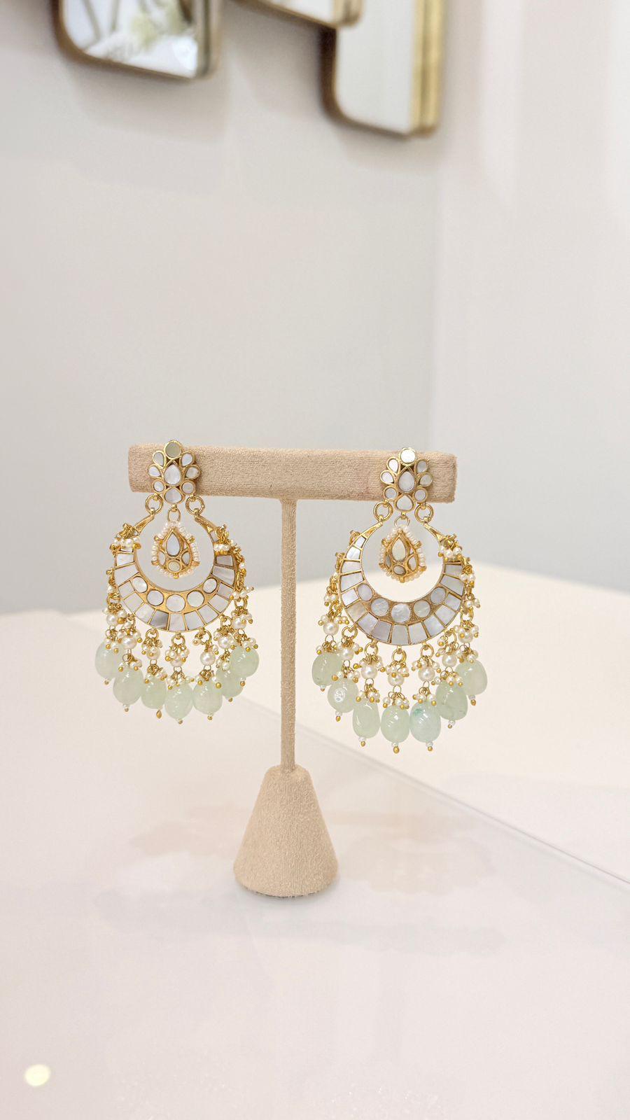 Gold Mirror Choker Necklace Set with Mint Bead Drop Earrings