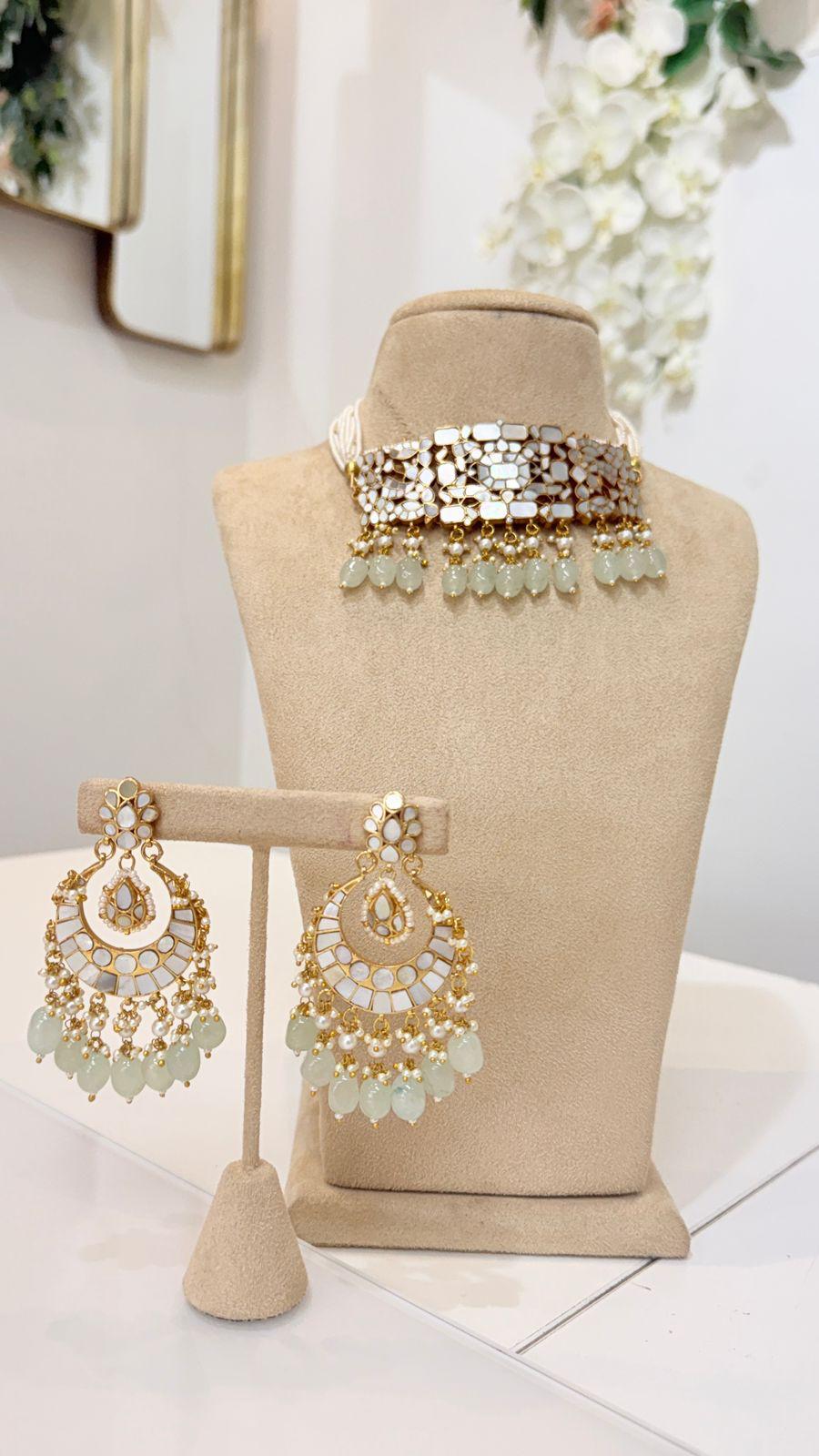 Gold Mirror Choker Necklace Set with Mint Bead Drop Earrings