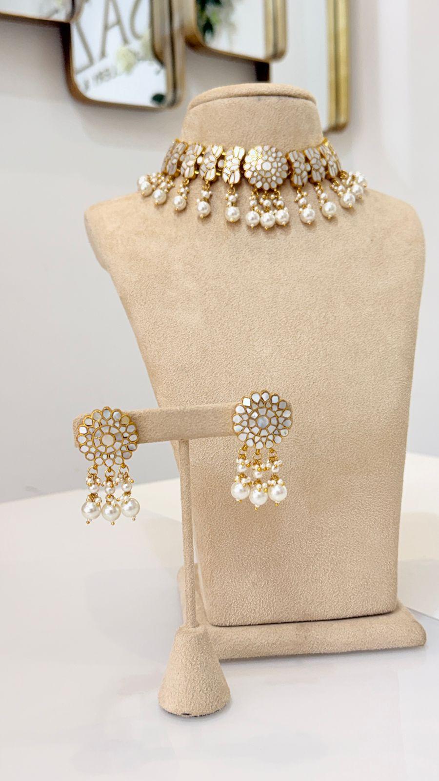 Gold Pearl Floral Choker Necklace and Earrings Set
