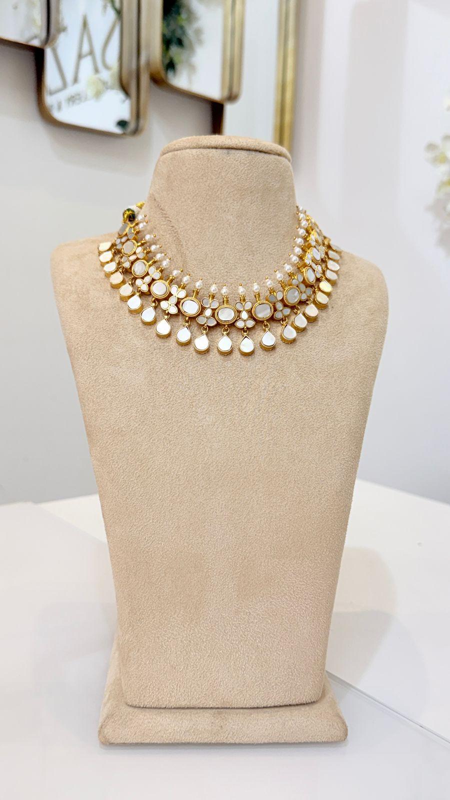 Gold Kundan Style Pearl Choker Necklace and Earrings Set