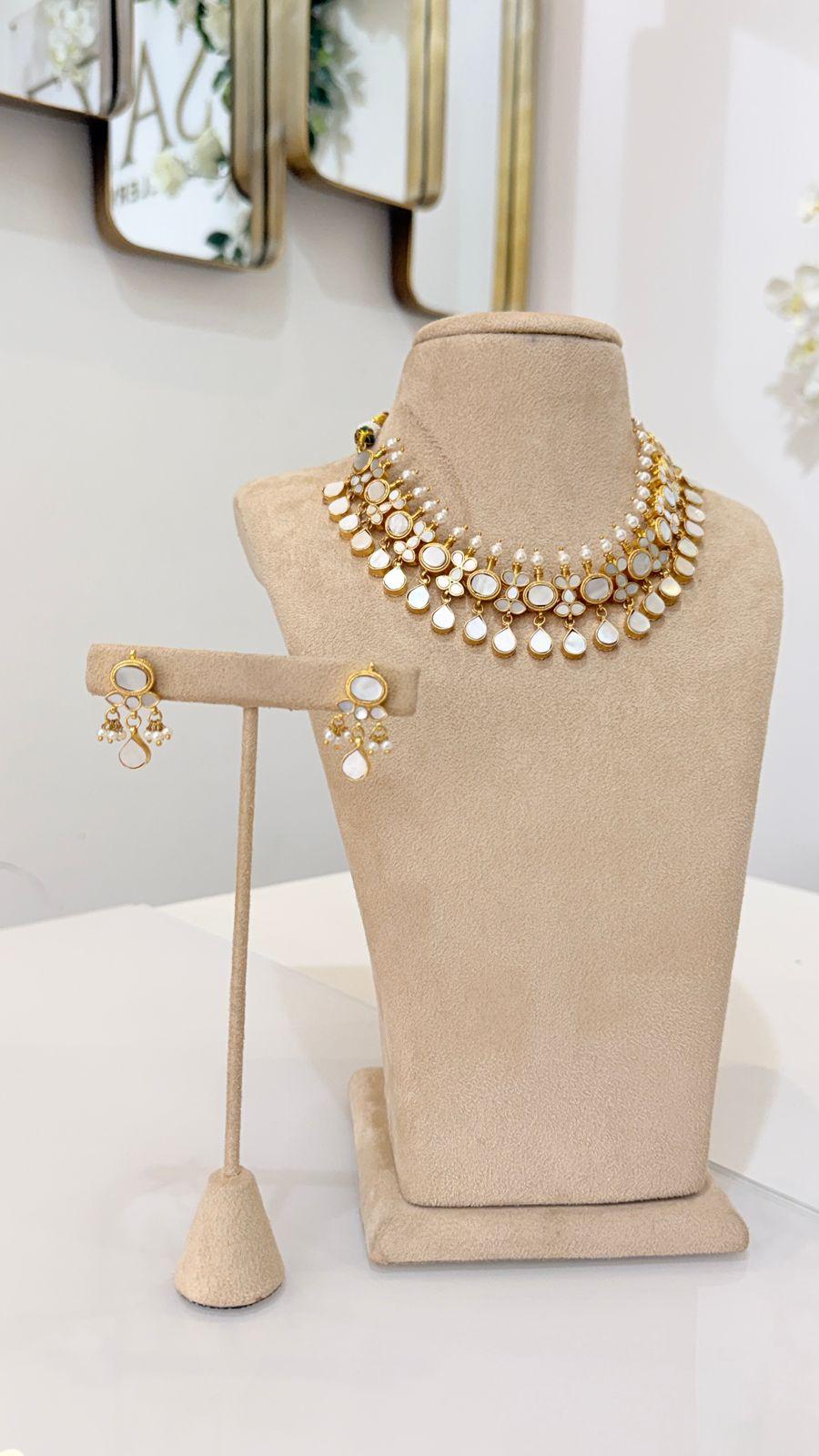Gold Kundan Style Pearl Choker Necklace and Earrings Set