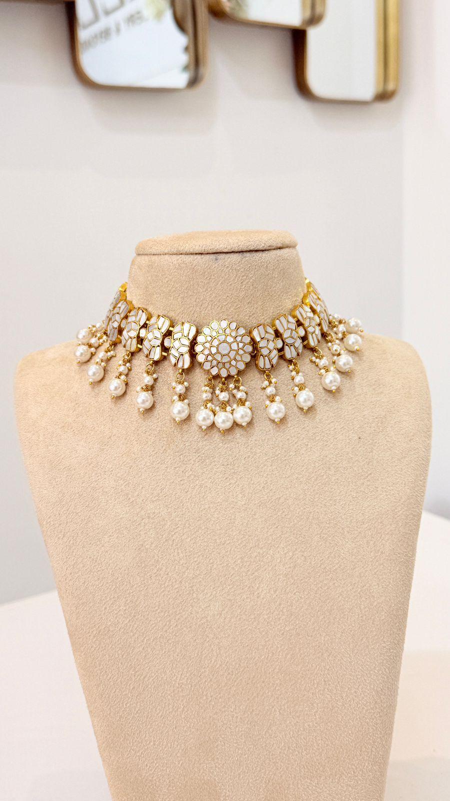 Gold Pearl Floral Choker Necklace and Earrings Set