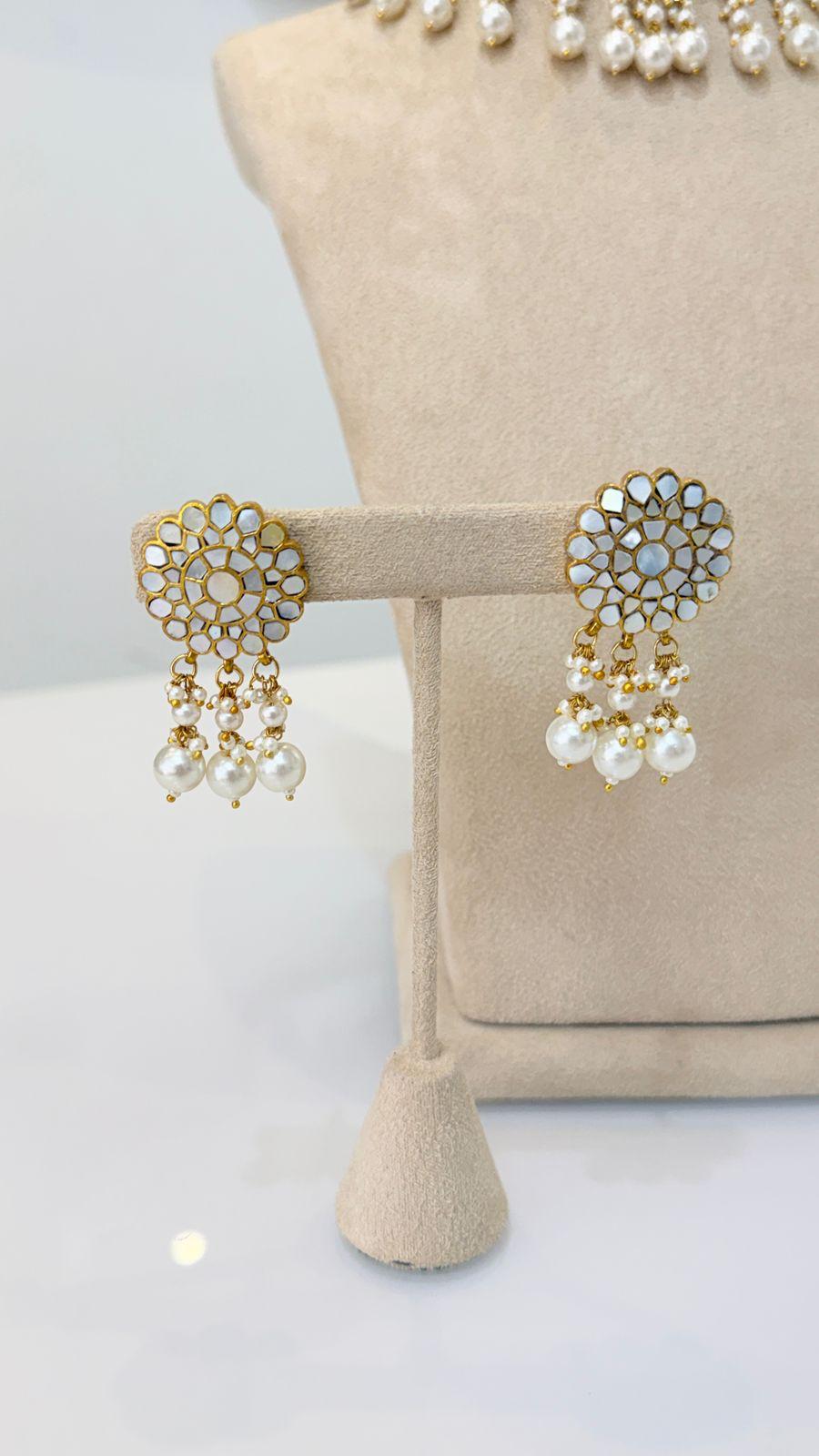 Gold Pearl Floral Choker Necklace and Earrings Set