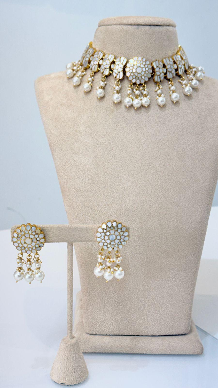 Gold Pearl Floral Choker Necklace and Earrings Set