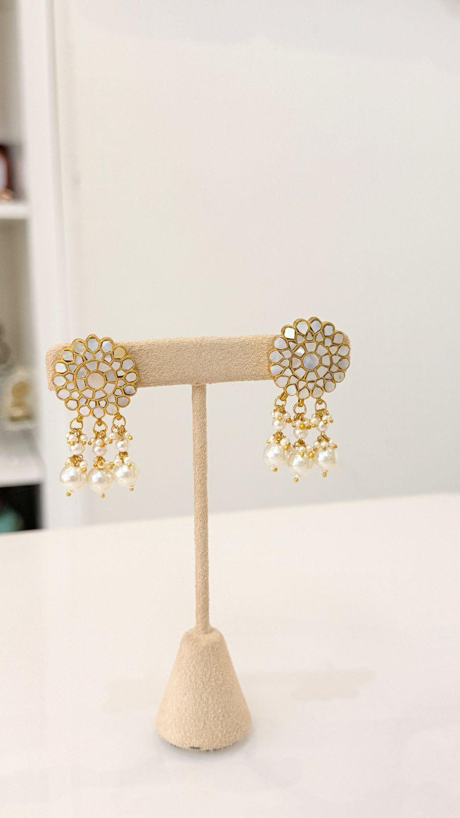 Gold Pearl Floral Choker Necklace and Earrings Set