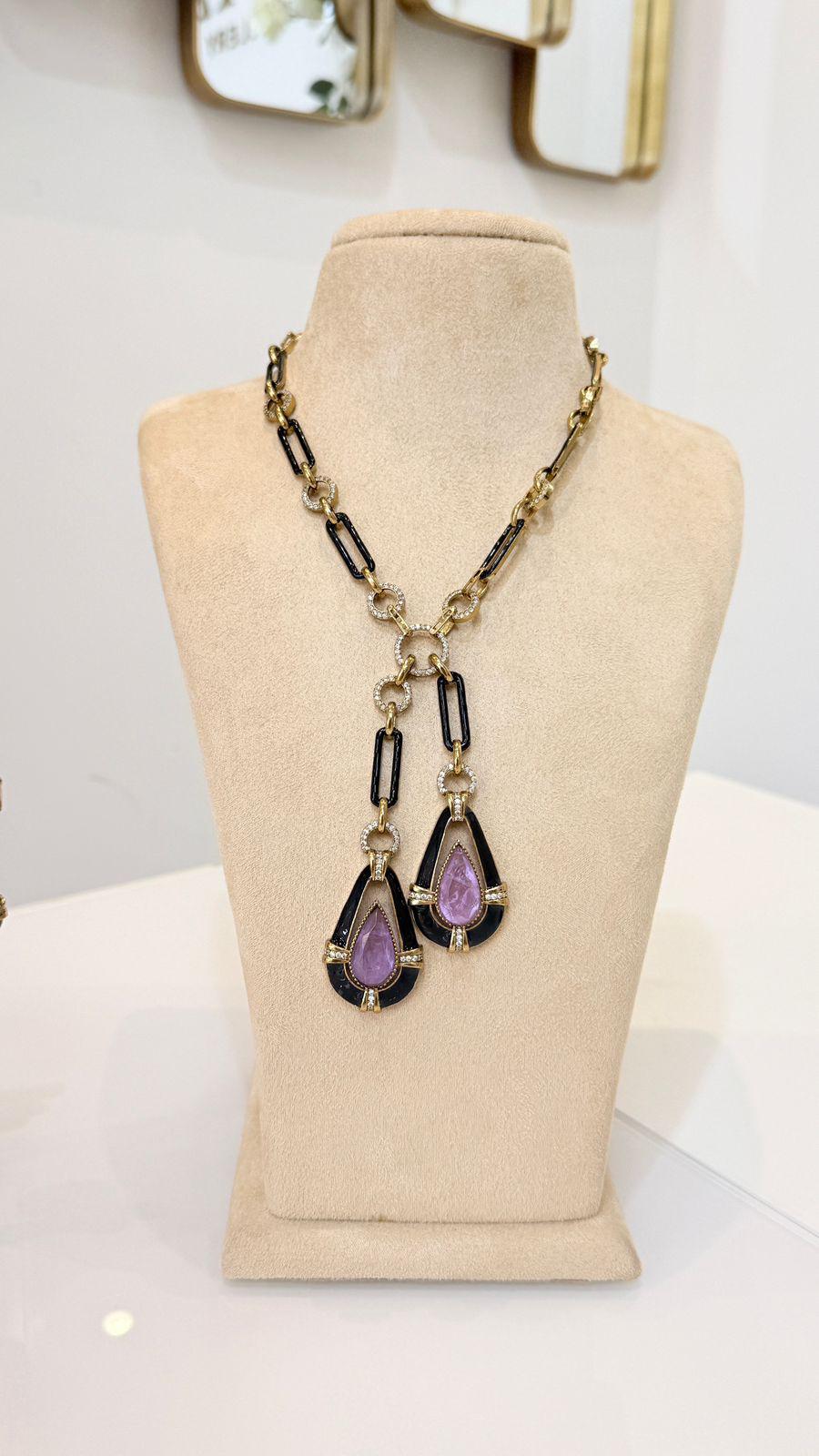 Black and Pink Teardrop Pendant Necklace and Earrings Set