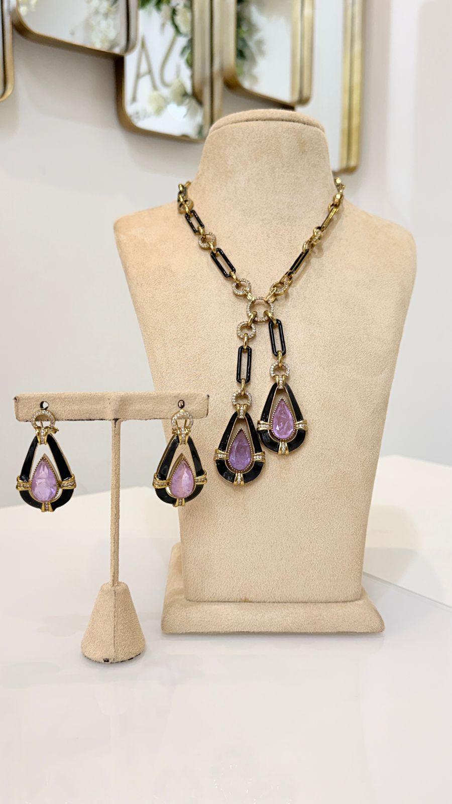 Black and Pink Teardrop Pendant Necklace and Earrings Set