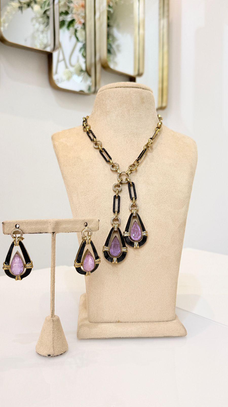 Black and Pink Teardrop Pendant Necklace and Earrings Set