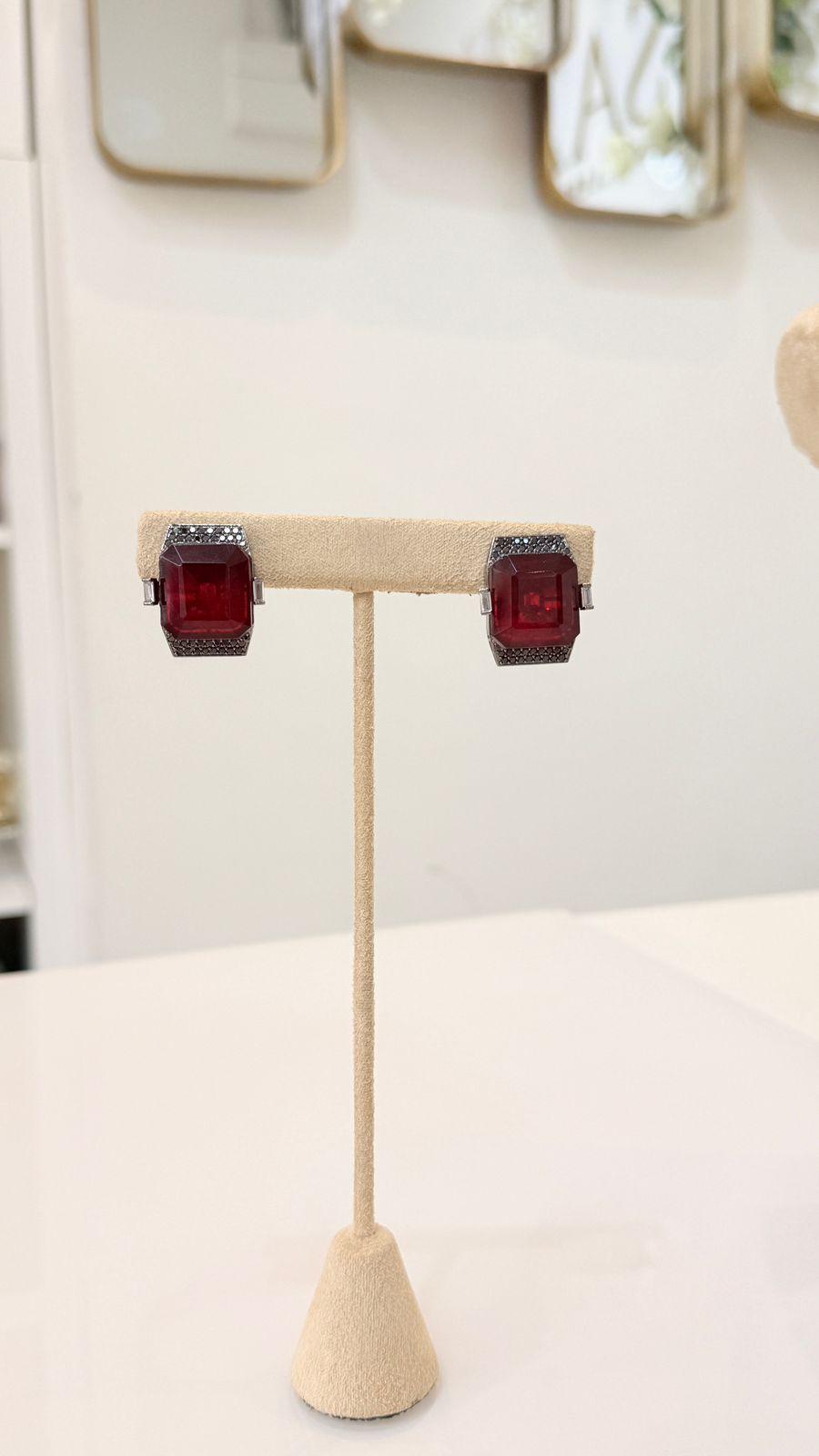 Ruby Red Stone Silver Chain Choker Necklace and Earrings Set