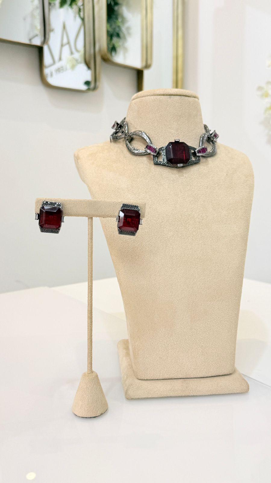 Silver Chain Choker Necklace Set with Red Stone Earrings