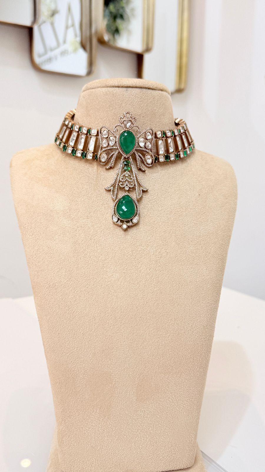 Emerald Green Stone Choker Necklace and Earrings Set