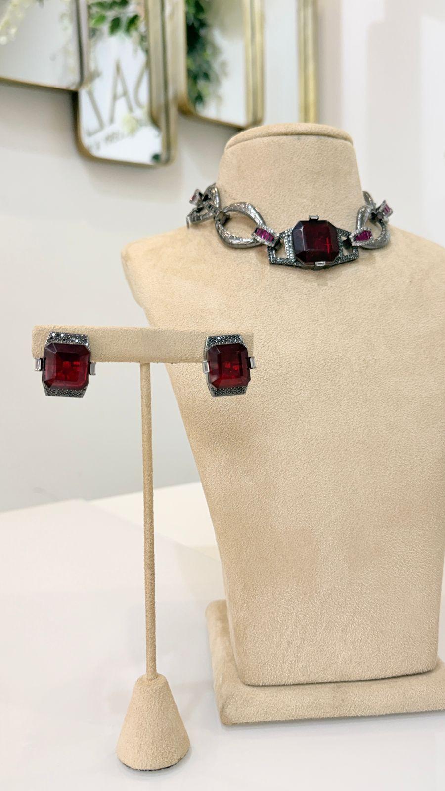 Silver Chain Choker Necklace Set with Red Stone Earrings