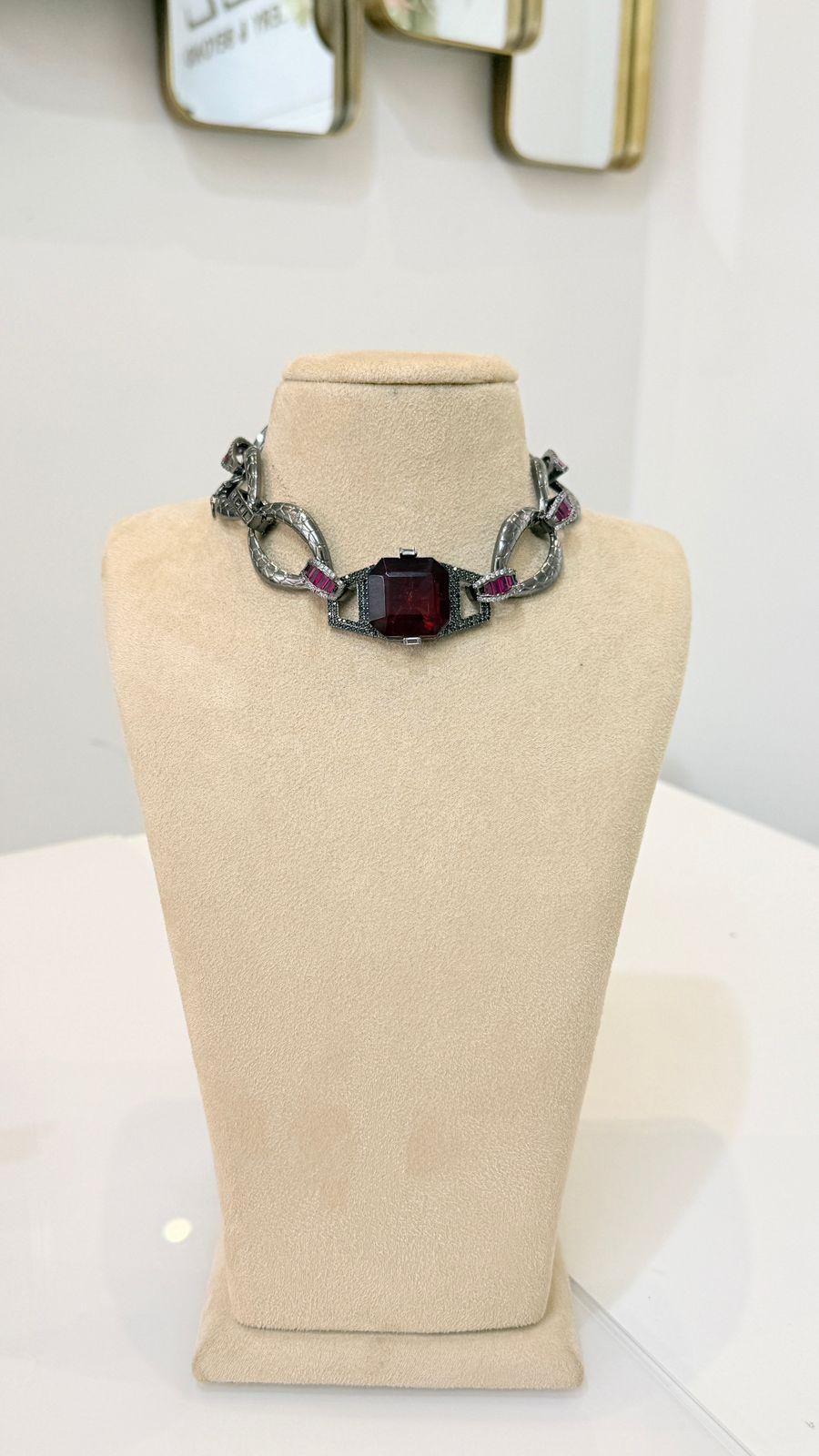 Silver Chain Choker Necklace Set with Red Stone Earrings