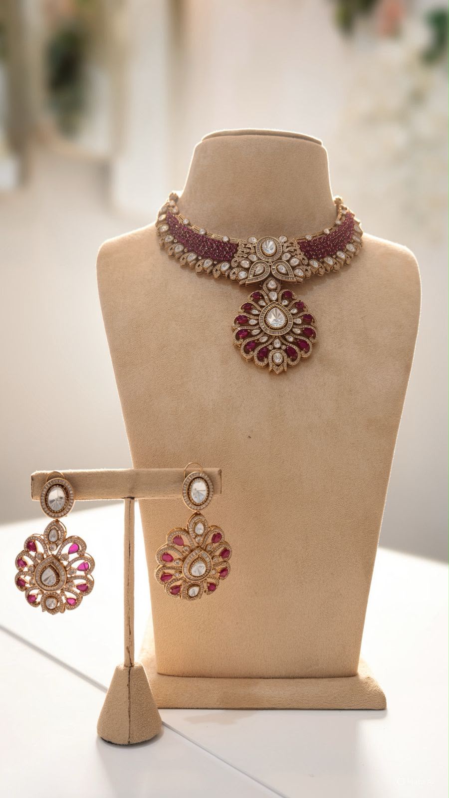 Ruby Red Kundan Style Choker Necklace and Earrings Set