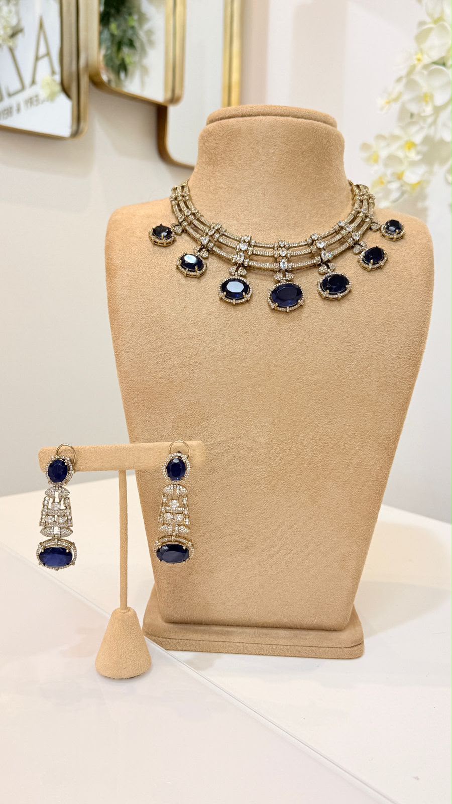 Blue Sapphire Style Silver Choker Necklace and Earrings Set