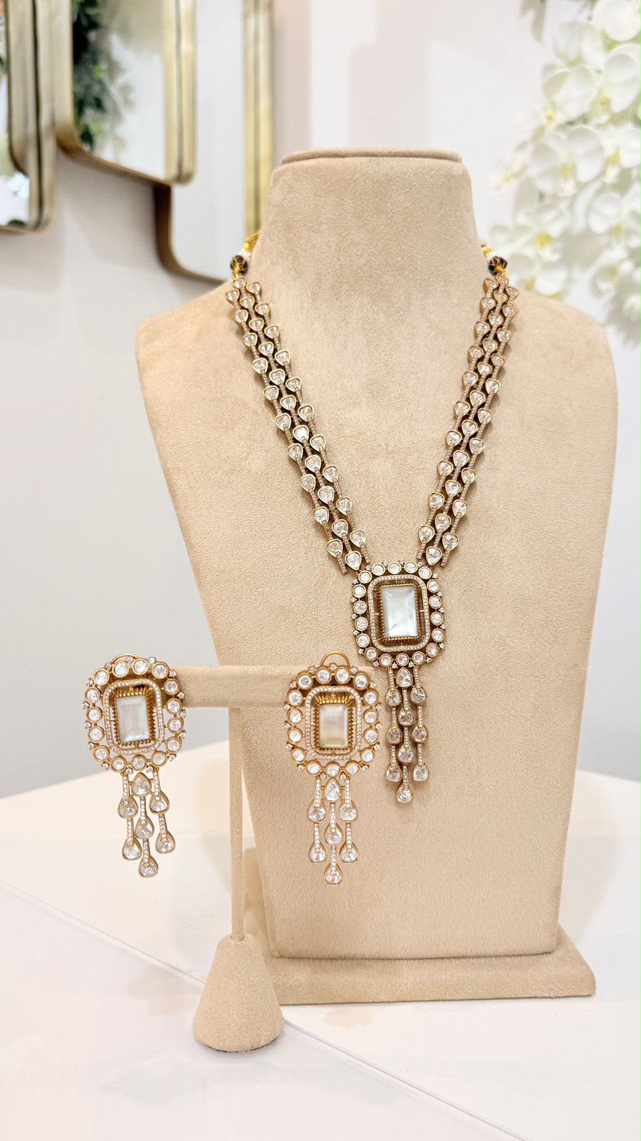 Gold Polki Style Pearl Drop Necklace and Earrings Set