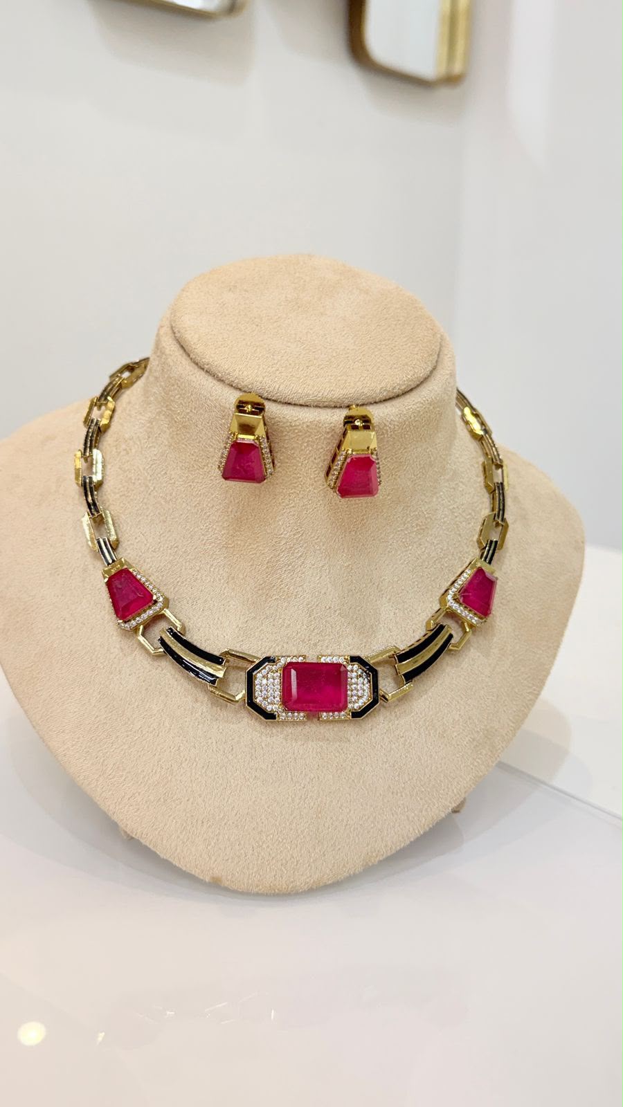 Gold Black and Ruby Pink Stone Choker Necklace and Earrings Set