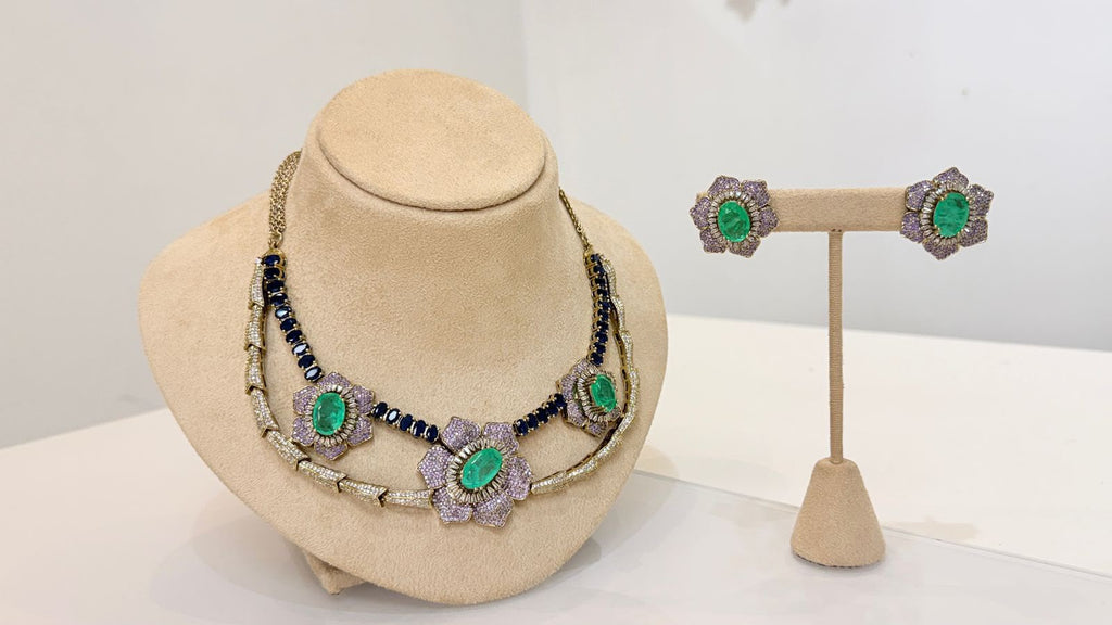Emerald Green and Navy Blue Floral Necklace and Earrings Set