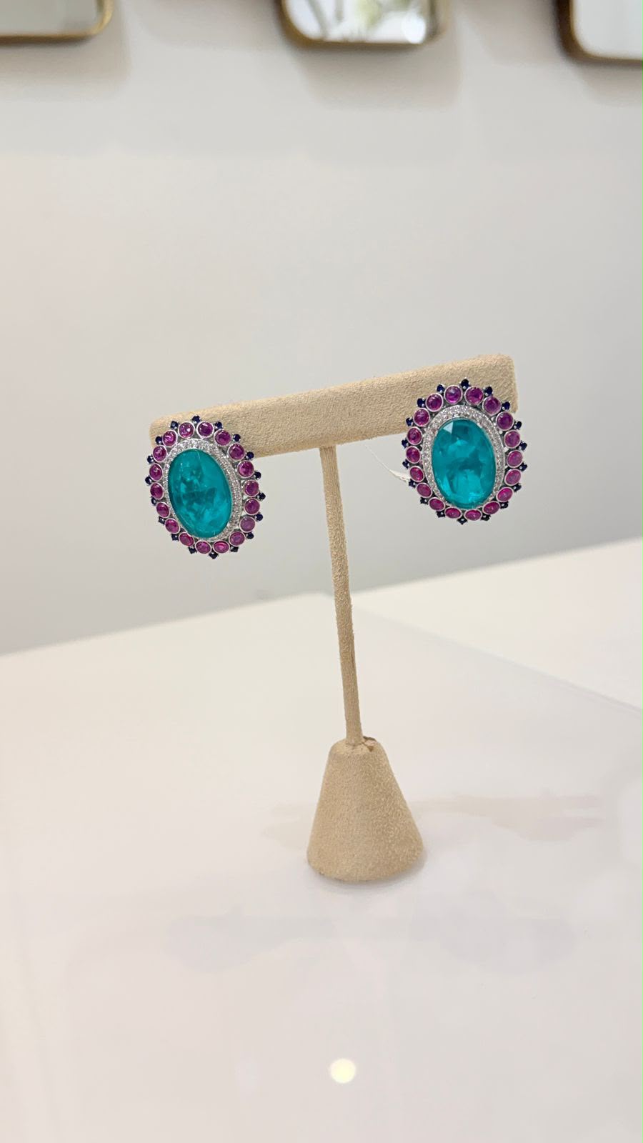 Turquoise and Pink Oval Stone Stud Earrings