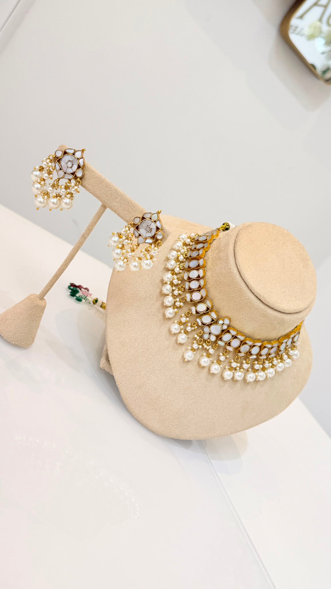 Gold-Tone Mirror Kundan Choker Set with Pearl Drop Earrings