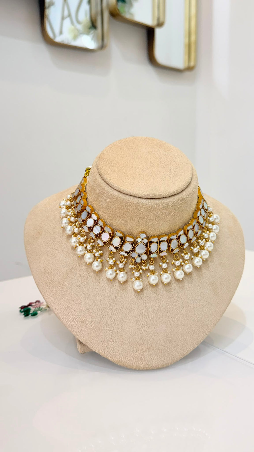 Gold-Tone Mirror Kundan Choker Set with Pearl Drop Earrings