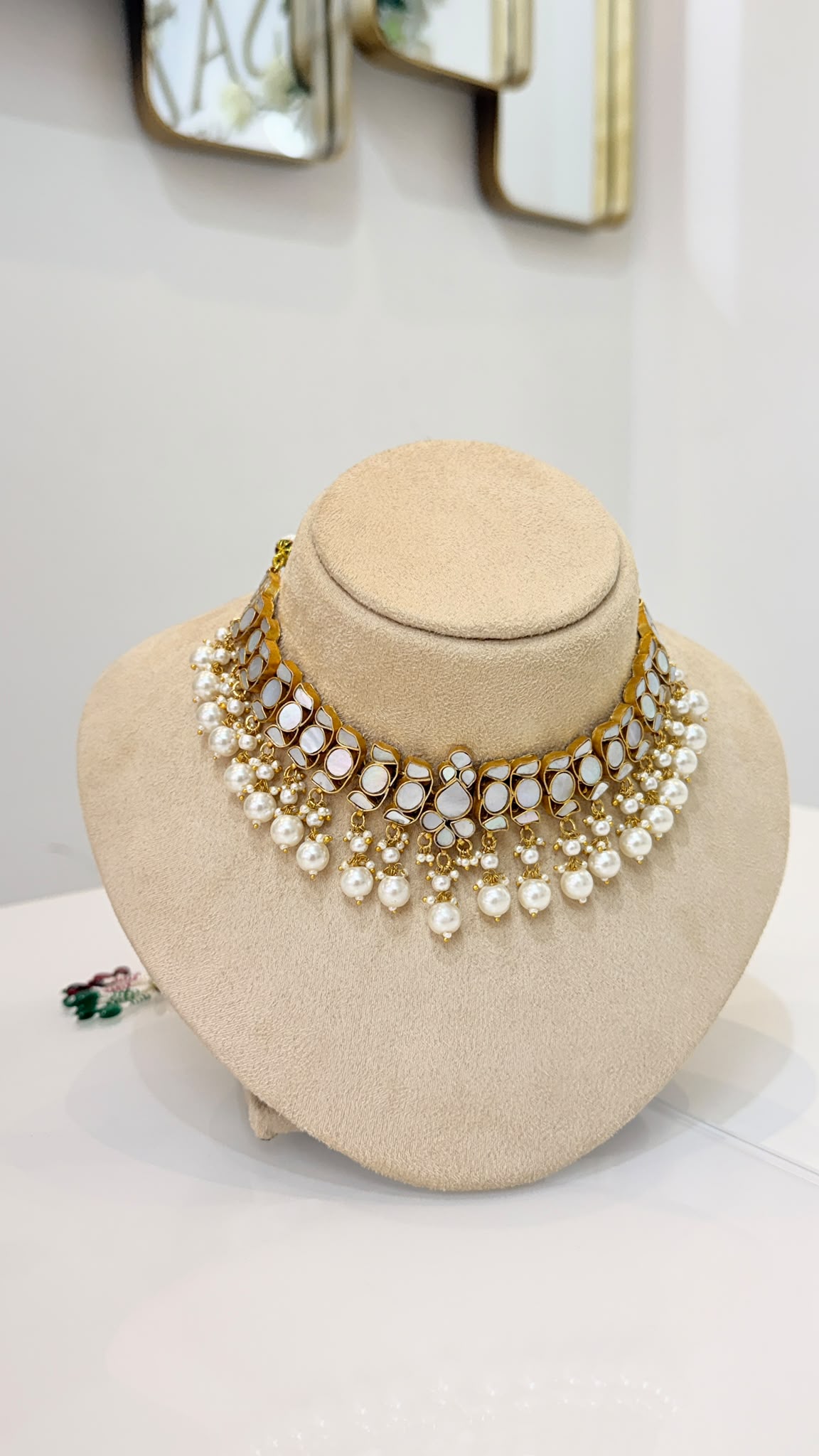 Gold-Tone Mirror Kundan Choker Set with Pearl Drop Earrings