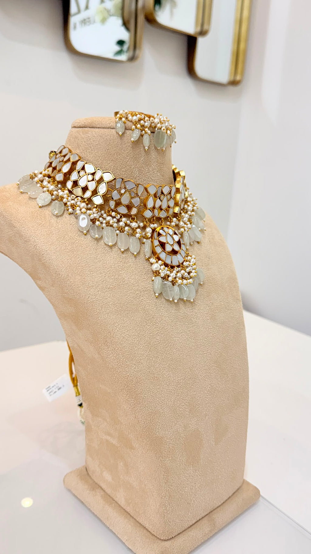 Gold-Tone Mirror Kundan Choker Set with Pearl Bead Earrings & Tikka