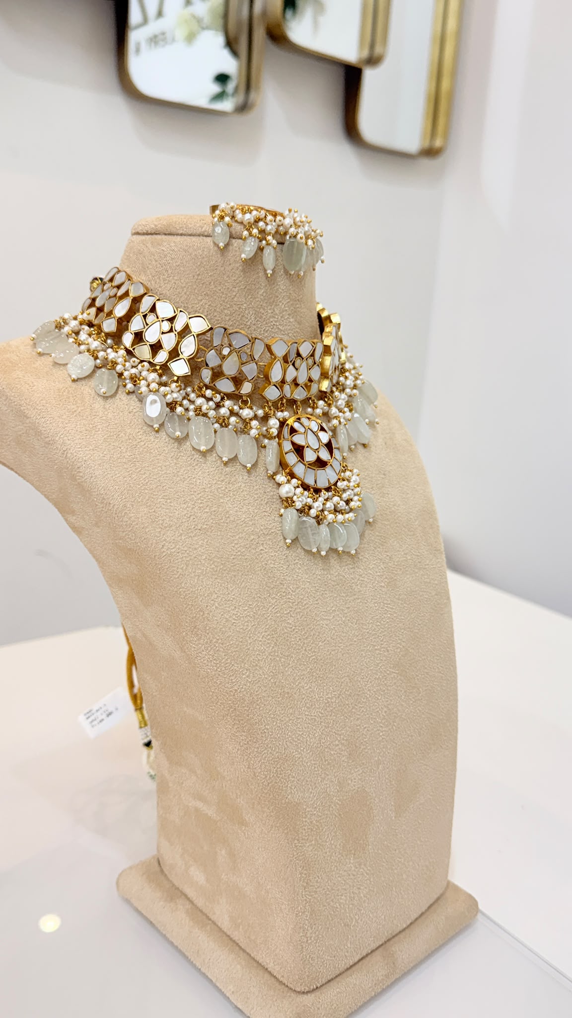 Gold-Tone Mirror Kundan Choker Set with Pearl Bead Earrings & Tikka