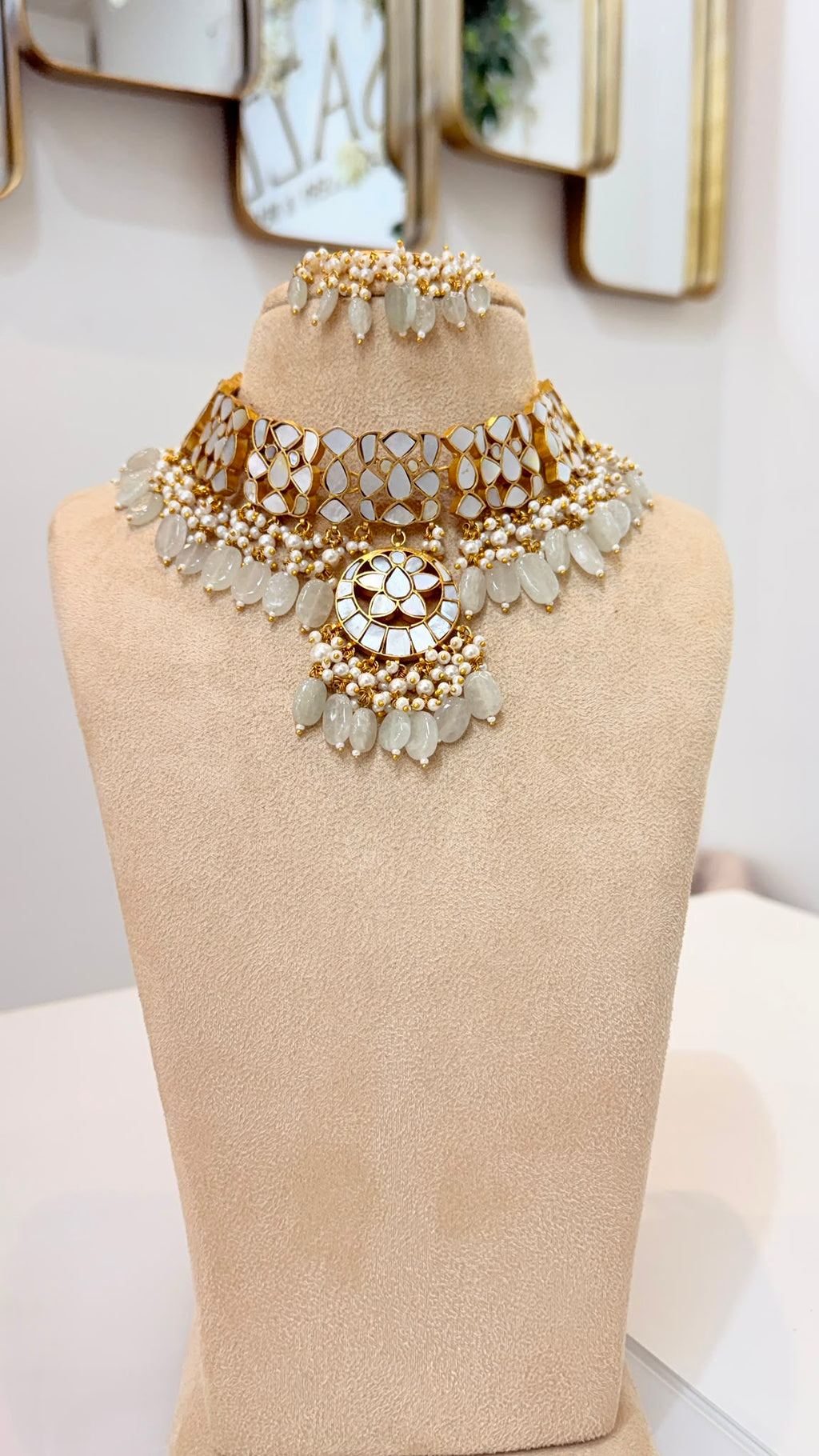 Gold-Tone Mirror Kundan Choker Set with Pearl Bead Earrings & Tikka