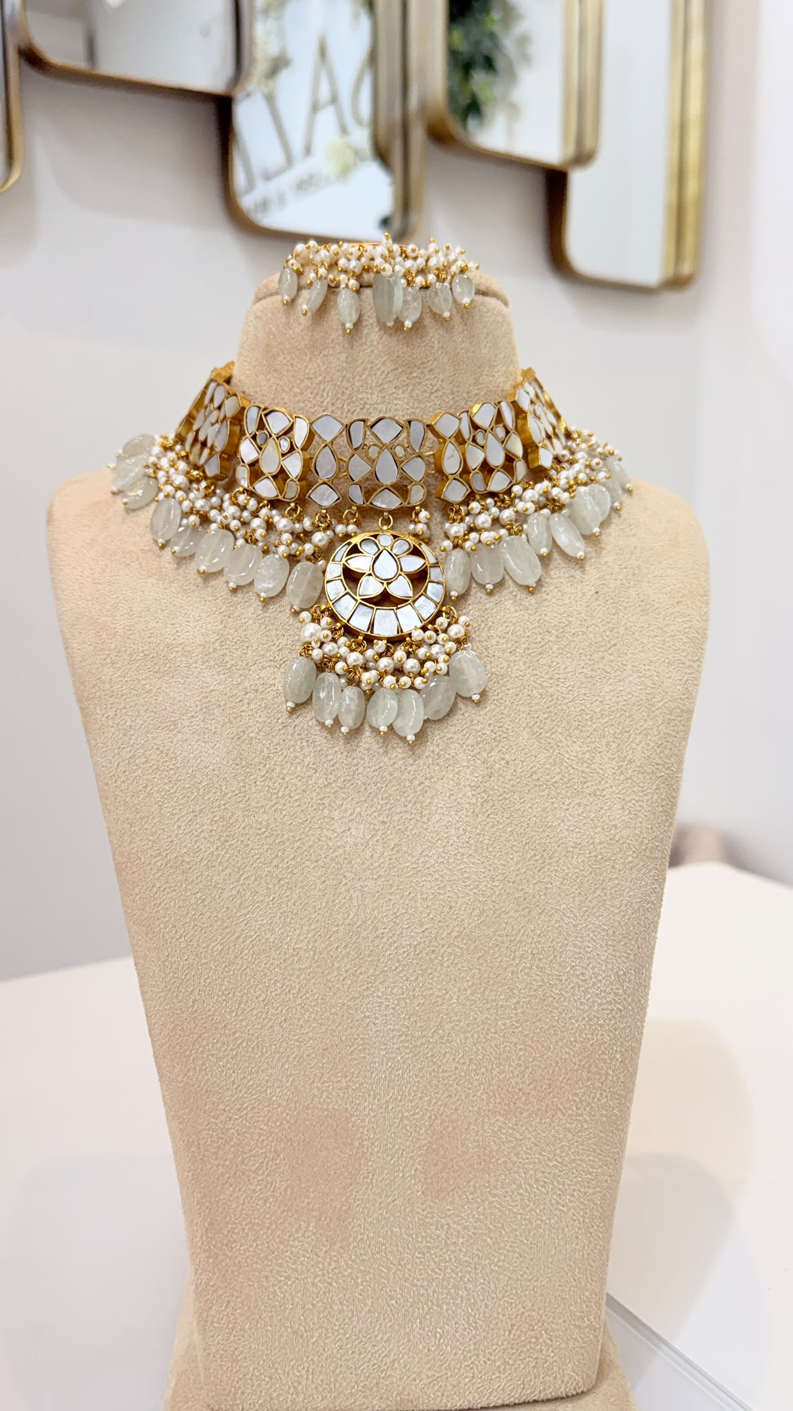 Gold-Tone Mirror Kundan Choker Set with Pearl Bead Earrings & Tikka