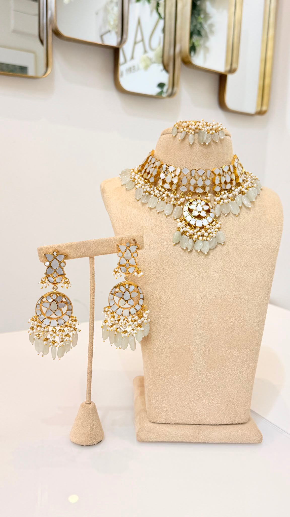 Gold-Tone Mirror Kundan Choker Set with Pearl Bead Earrings & Tikka