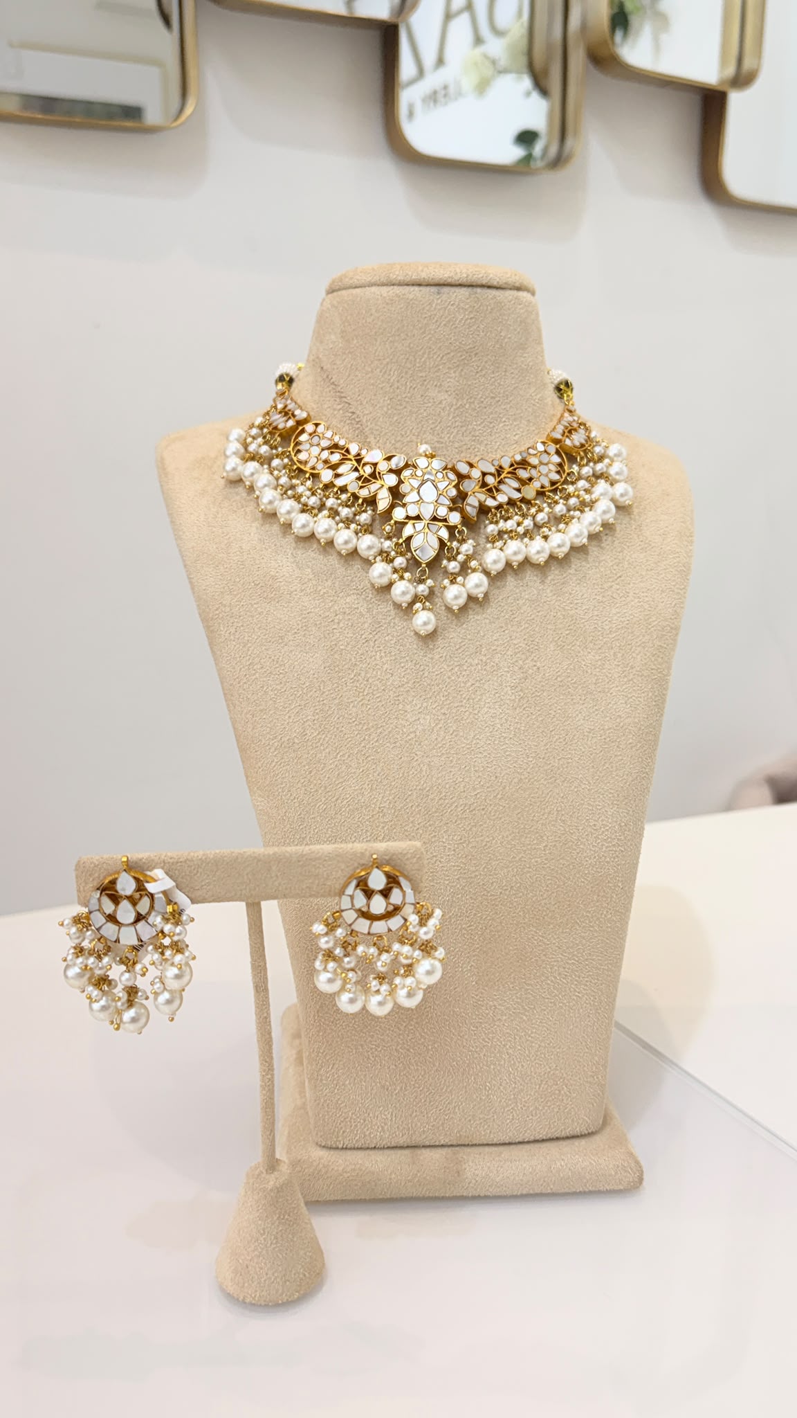 Gold-Tone Floral Kundan Choker Set with Pearl Cluster Earrings