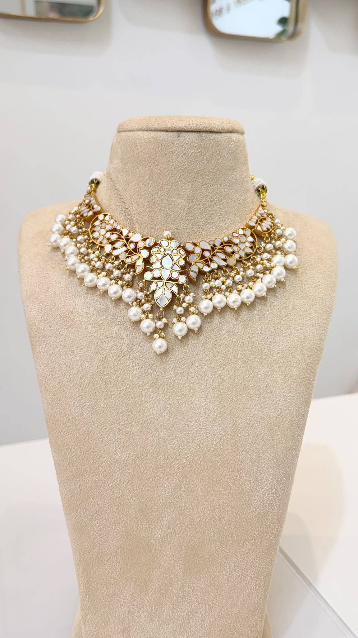 Gold-Tone Floral Kundan Choker Set with Pearl Cluster Earrings