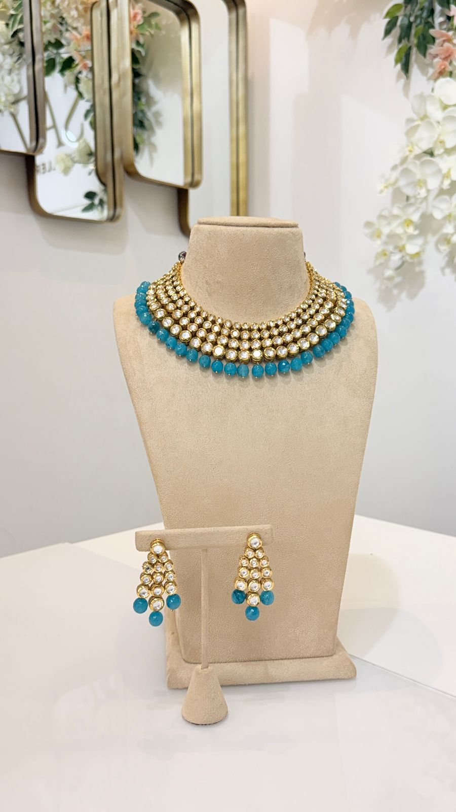 Turquoise Bead Gold Kundan Collar Set with Matching Earrings