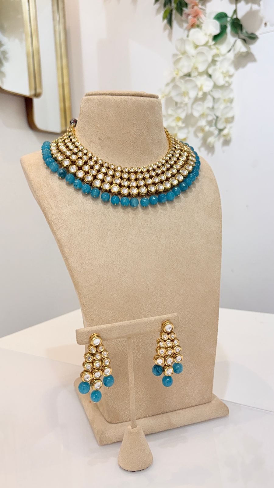 Turquoise Bead Gold Kundan Collar Set with Matching Earrings