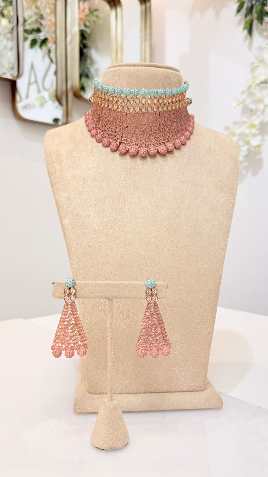 Mint and Peach Mesh Choker Set with Matching Earrings