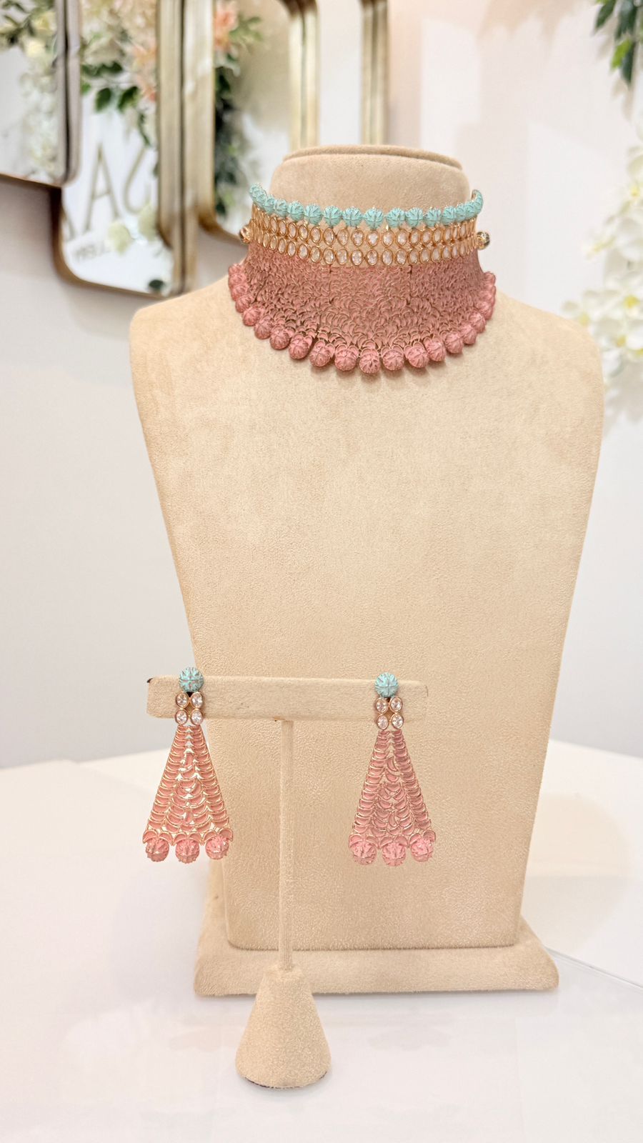 Mint and Peach Mesh Choker Set with Matching Earrings