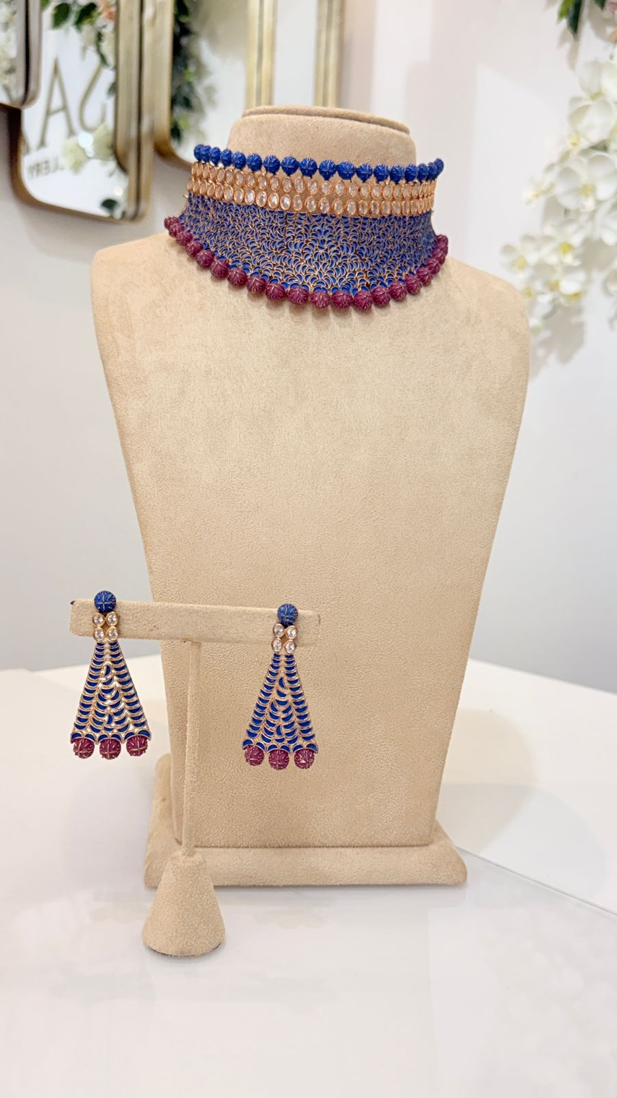 Blue Mesh Choker Set with Pink Bead Detail Earrings