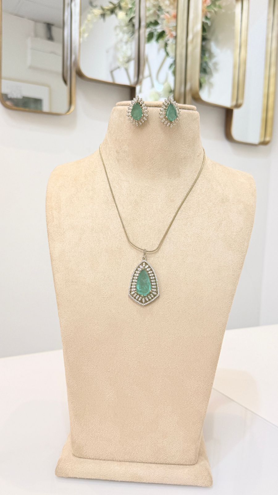 Emerald Green Teardrop Pendant Necklace Set with Matching Earrings