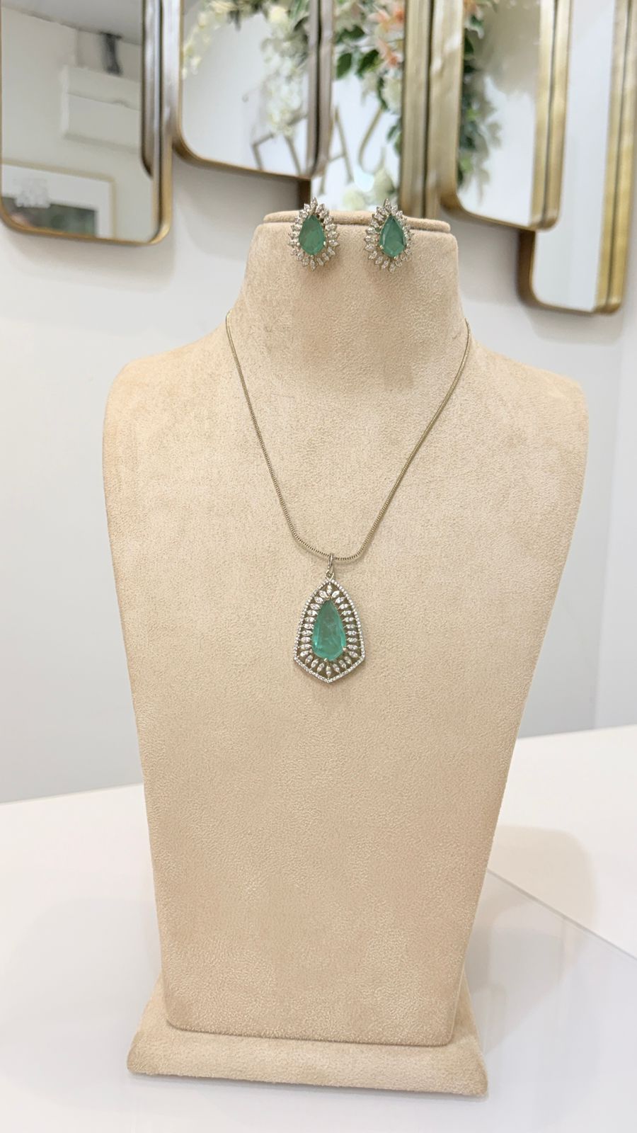 Emerald Green Teardrop Pendant Necklace Set with Matching Earrings