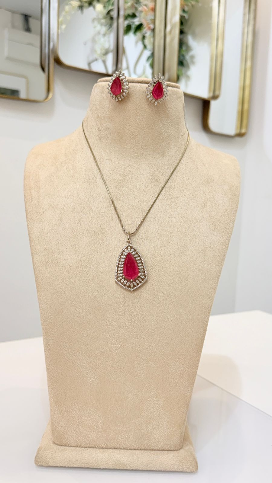 Ruby Pink Teardrop Pendant Necklace Set with Matching Earrings