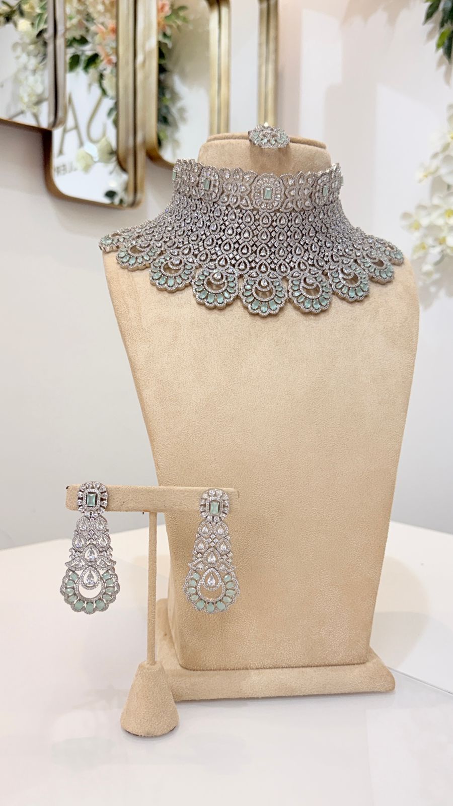 Mint Silver Lace Choker Set with Matching Statement Earrings