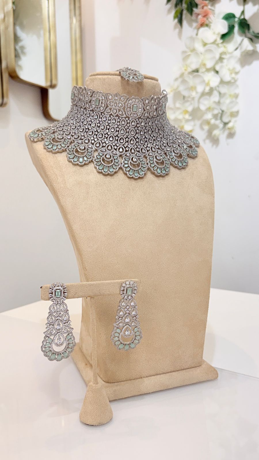 Mint Silver Lace Choker Set with Matching Statement Earrings