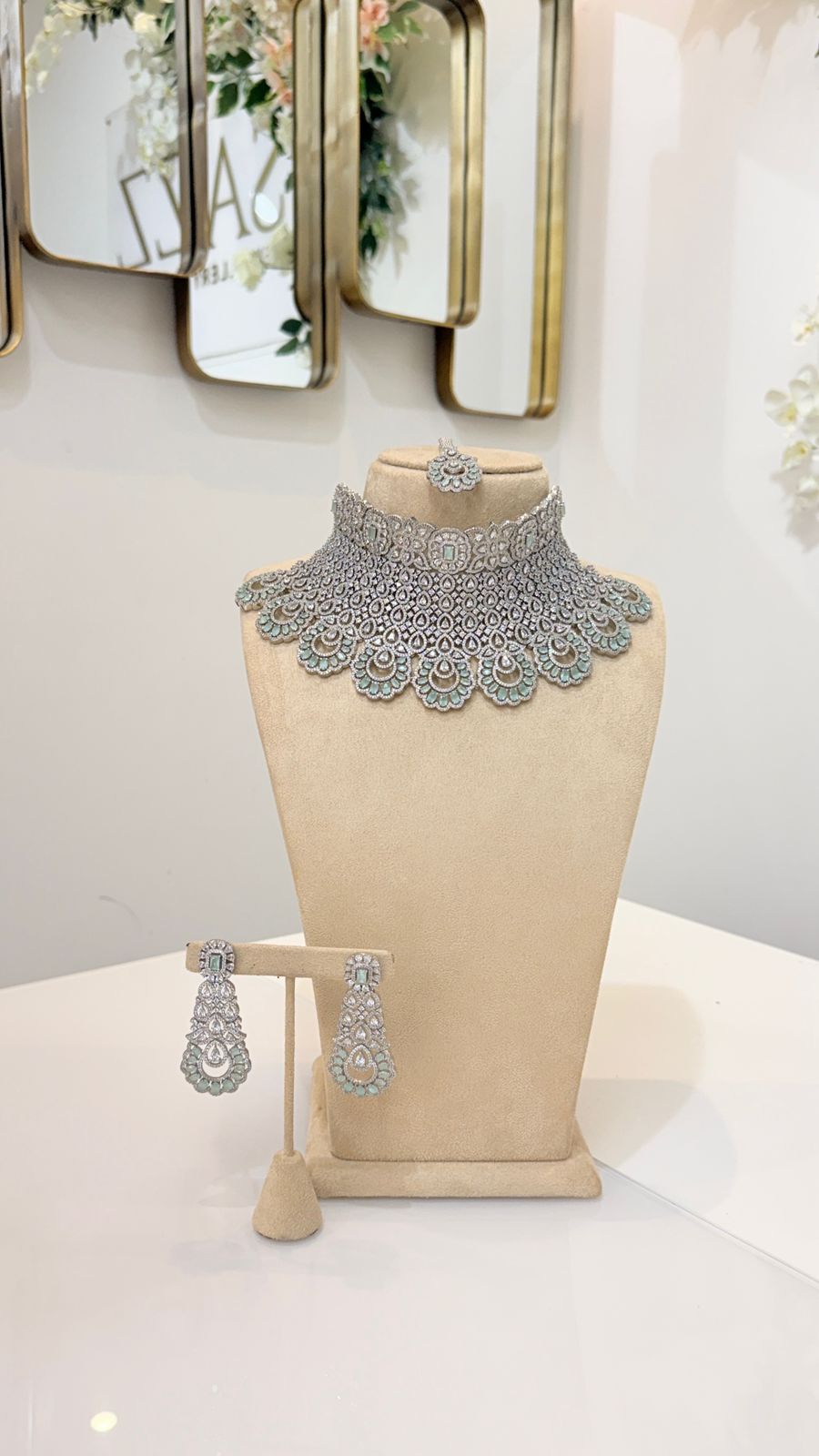 Mint Silver Lace Choker Set with Matching Statement Earrings