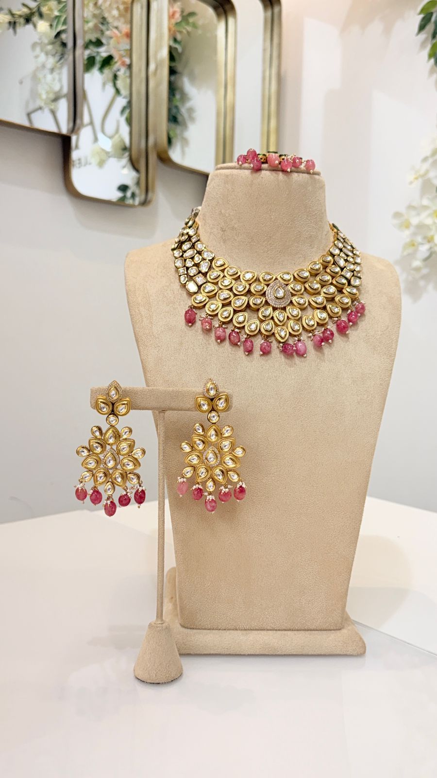 Gold Kundan Pink Drop Necklace Set