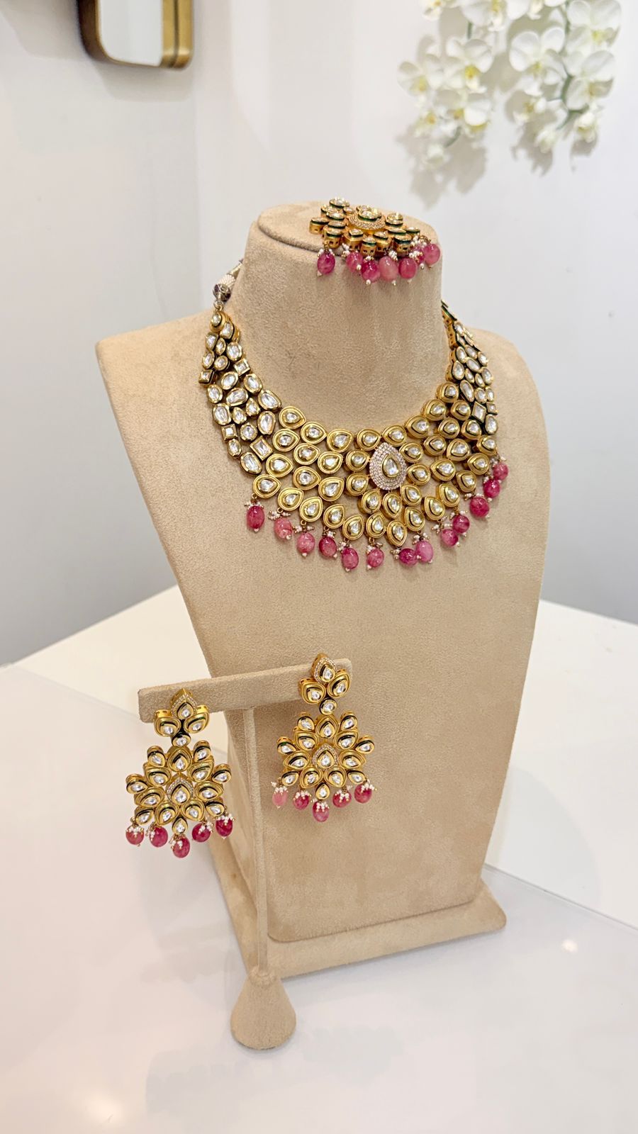 Gold Kundan Pink Drop Necklace Set